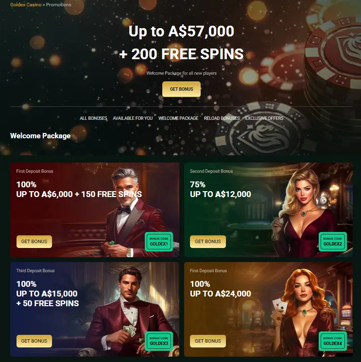 Goldex Casino Willkommenspaket mit Einzahlungsboni und Freispielen